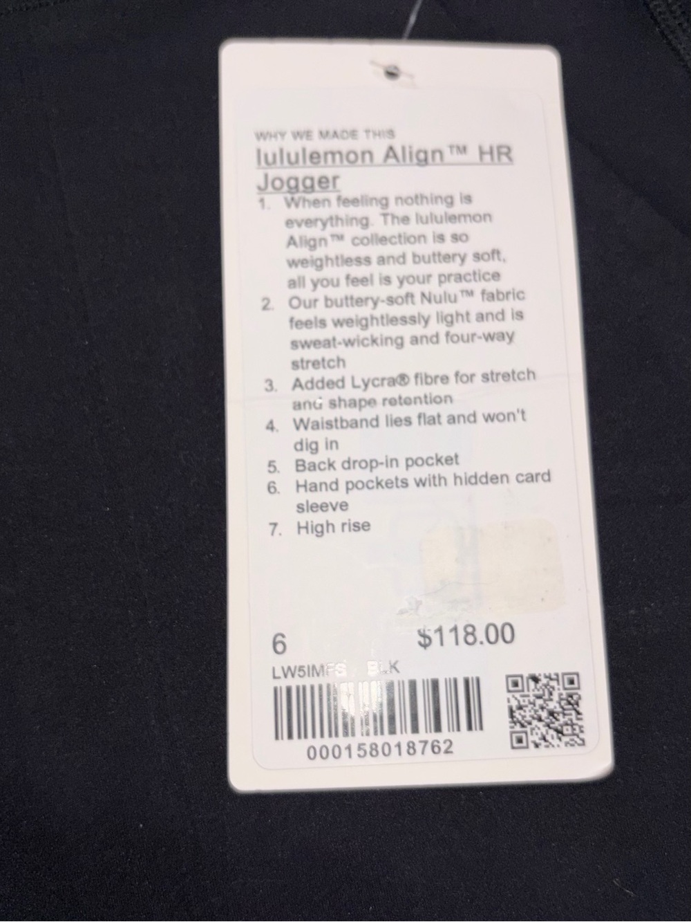 NWT*LULULEMON*SIZE 6* ALIGN HIGH RISE JOGGER*AUTHENTIC*BLACK*$118 RETAIL*25” LNG - Picture 5 of 16